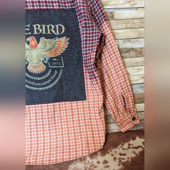 Free Bird Upcycled Handcrafted Dip Dye Bleach Flannel Shirt - Picture 4 of 13